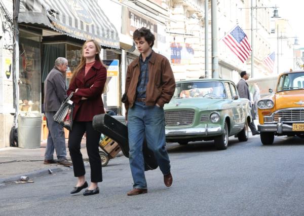 Elle Fanning and Timothee Chalamet on the set of A Complete Unknown