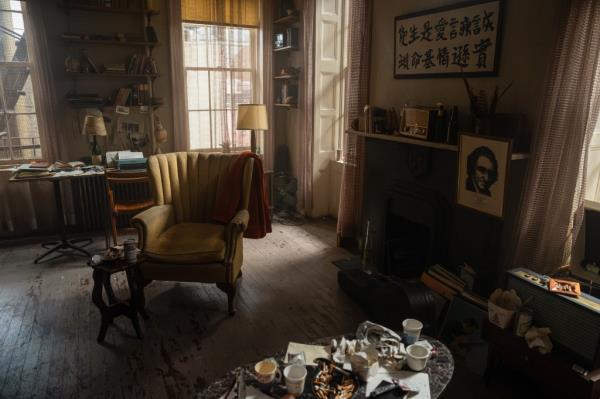 A recreation of Bob Dylan's apartment for the film, with an armchair, coffee cups and fireplace