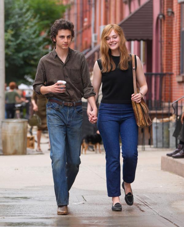 Timothee Chalamet and Elle Fanning are seen on location for 'A Complete Unknown' on June 11, 2024 in Hoboken, New Jersey.