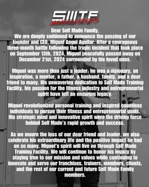 Self Made Training Facility's post on Instagram announcing the death of Miguel Angel Aguilar.