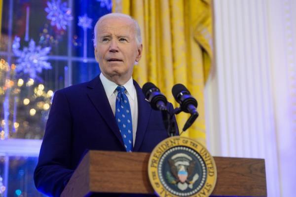 President Joe Biden speaks during a Hanukkah reception in the East Room of the White House in Washington, Dec. 16, 2024.