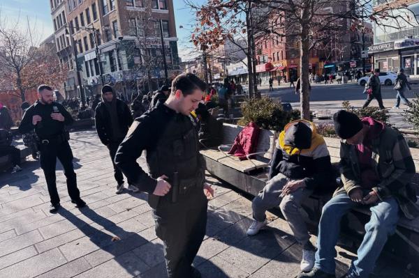 NYPD officers patrolling Roberto Clemente Plaza on Nov. 27, 2024.