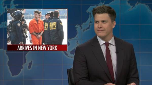 The studio audience in last night's episode of "Saturday Night Live" started cheering wildly when "Weekend Update" host Colin Jost started a joke a<em></em>bout Luigi Mangione.