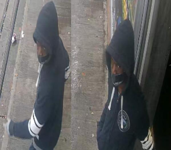 surveillance images released by NYPD that show a man wearing a hooded sweatshirt and black surgical mask on the street. He is the suspect in four separate groping incidents in Jamaica, Queens, Mo<em></em>nday morning. 