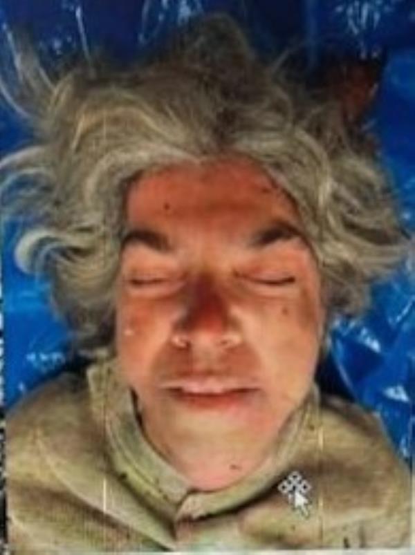 Unidentified woman resembling Mary Lavin, found on the grounds of the Vanderbilt Mansion, lying on a blue surface.