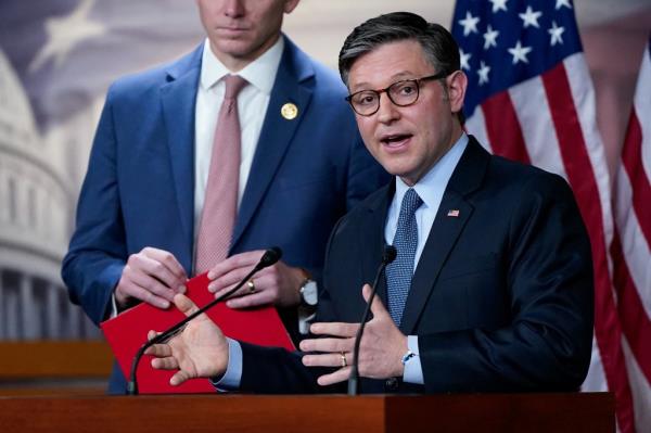 U.S. House Speaker Mike Johnson (R-LA) speaks to reporters following a House Republican co<em></em>nference meeting on Capitol Hill in Washington, U.S., December 17, 2024. 