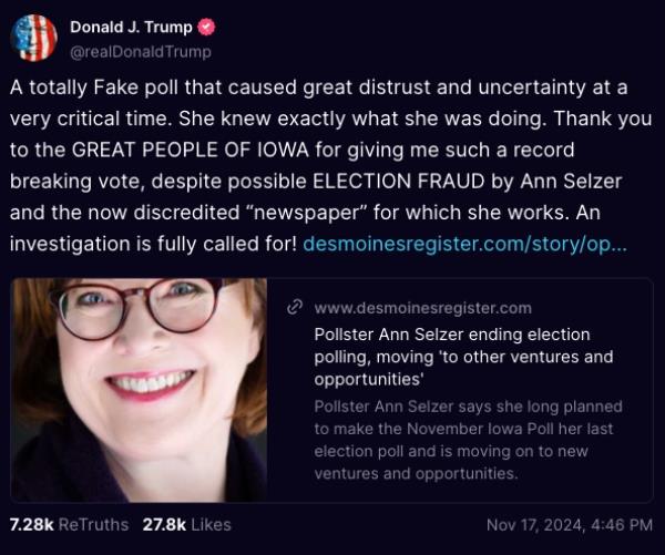 Do<em></em>nald Trump targets retiring election pollster J. Ann Selzer after badly missed survey.