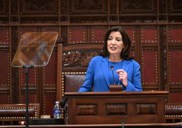 New York Gov. Kathy Hochul, speaks to the New York state's Electoral College  before voting for president in the Senate Chamber at the state Capitol Tuesday, Dec. 17, 2024, in Albany, N.Y. 