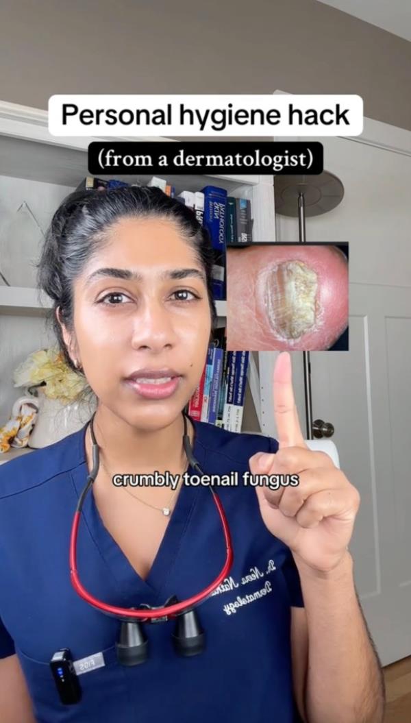 Dr. Neera Nathan (pictured here on TikTok), a Harvard-trained, board-certified dermatologist, is sharing a cheap trick for tackling unsightly nail fungus at home.